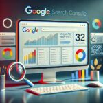 “Google Search Console dashboard displaying website performance analytics, graphs, and search traffic metrics with an SEO-themed background.”