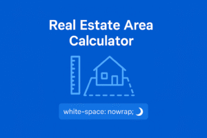 Illustration of a real estate area calculator featuring a house, ruler, and dashed lines, with CSS code snippet "white-space: nowrap;" on a blue background.