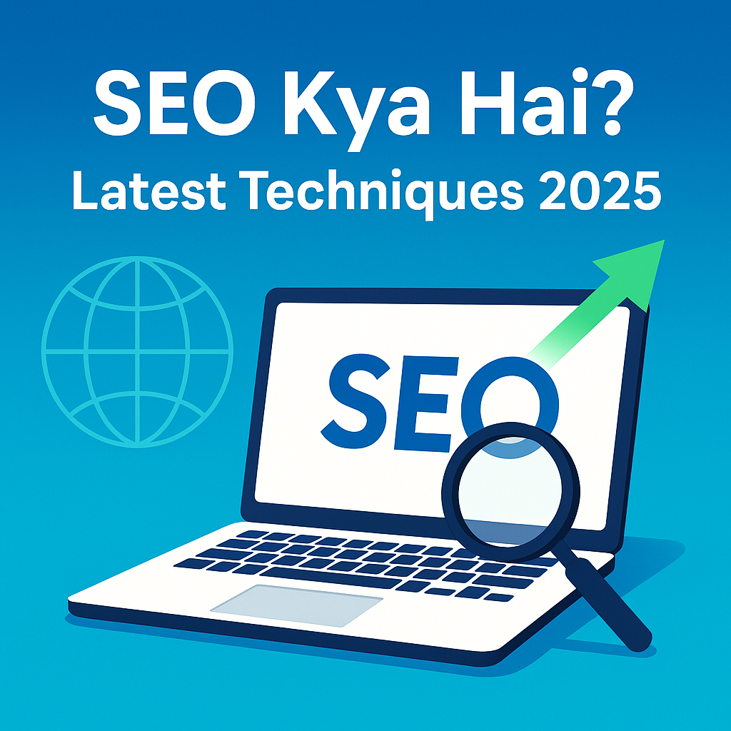 "Illustration of a laptop with SEO text, a magnifying glass, and upward arrow, with Roman Urdu text 'SEO Kya Hai? Latest Techniques 2025'"
