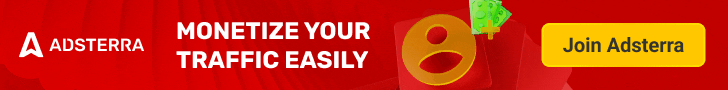 Adsterra banner ad in red background with "Monetize Your Traffic Easily" text and a yellow "Join Adsterra" button for publishers.