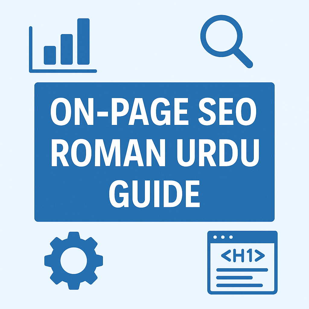 On-Page SEO Roman Urdu Guide – SEO tips icons with title in blue background