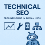 A featured image for Technical SEO article in Roman Urdu, showing SEO icons like graph, wrench, mobile optimization, sitemap, and a friendly robot with a blue background.