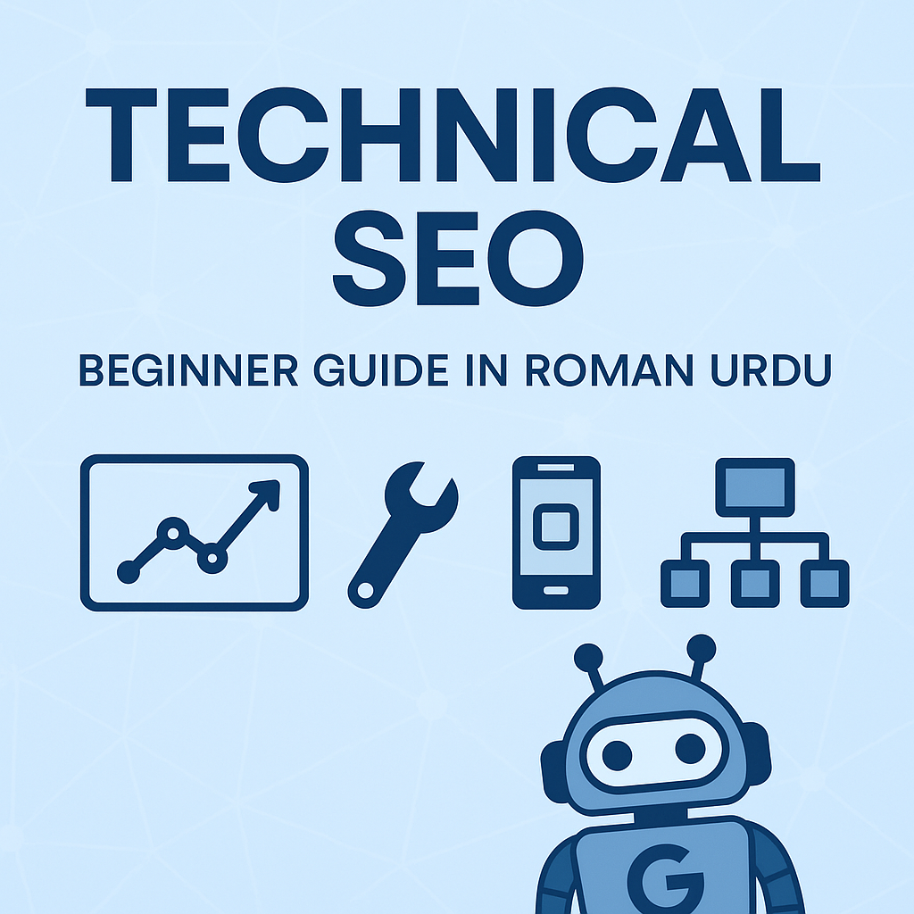 A featured image for Technical SEO article in Roman Urdu, showing SEO icons like graph, wrench, mobile optimization, sitemap, and a friendly robot with a blue background.