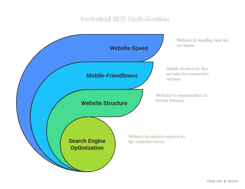 Technical SEO optimization chart showing website speed, mobile-friendliness, website structure, and search engine optimization in Roman Urdu