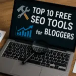 Laptop displaying “Top 10 Free SEO Tools for Bloggers” with WordPress, Google Analytics logos and magnifying glass on wooden desk
