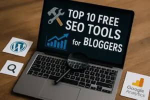Laptop displaying “Top 10 Free SEO Tools for Bloggers” with WordPress, Google Analytics logos and magnifying glass on wooden desk