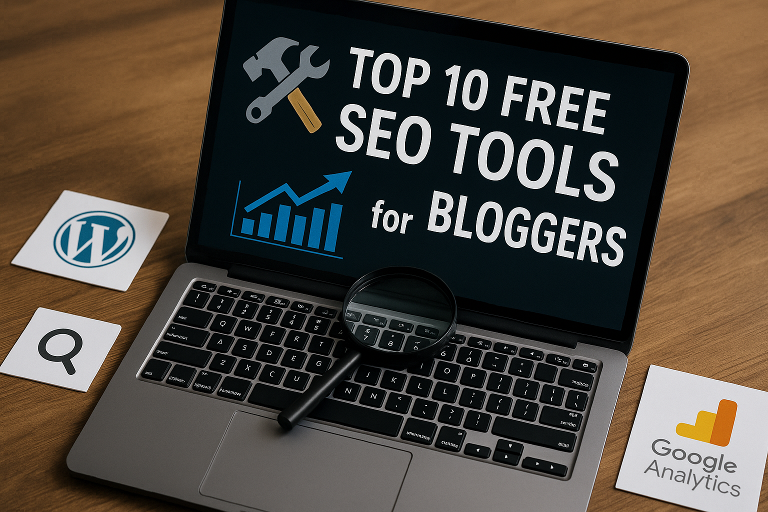Laptop displaying “Top 10 Free SEO Tools for Bloggers” with WordPress, Google Analytics logos and magnifying glass on wooden desk